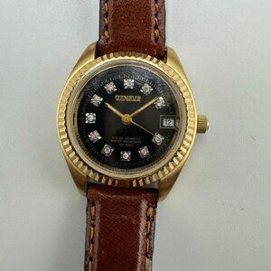 Vintage Geneve Watch Women Gold Tone Black Dial Date Window New Battery 8 Inch